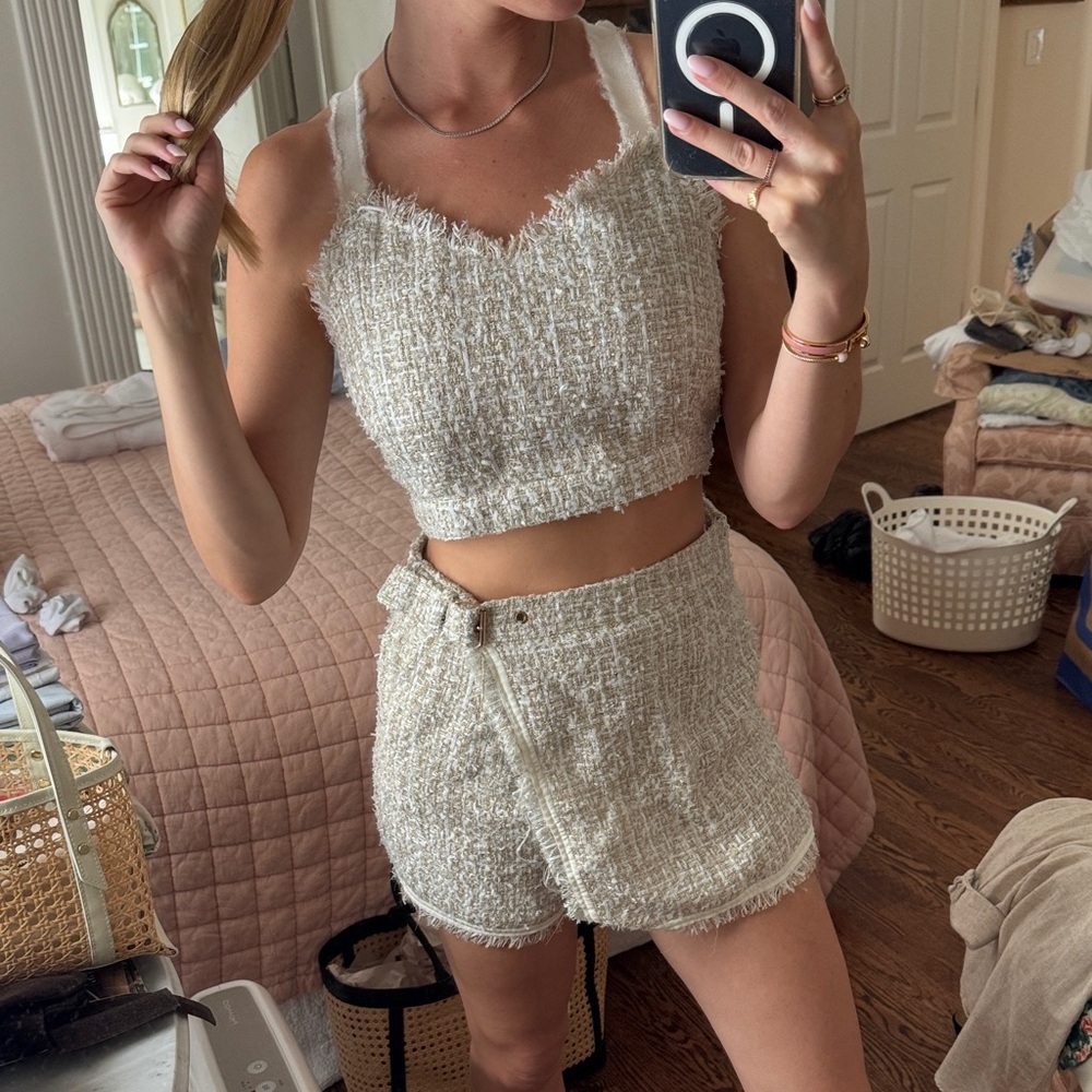 Elegant Cream Tweed Crop Top and Shorts